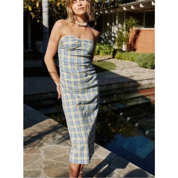 Free People Dresses & Skirts - Free People Green Brandie Blue Iris Strapless Plaid Midi Dress Yellow Blue XS